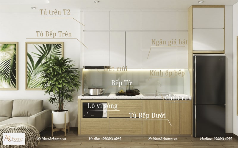 Cấu tạo mẫu tủ bếp hình chữ I phue Melamine vân gỗ sáng