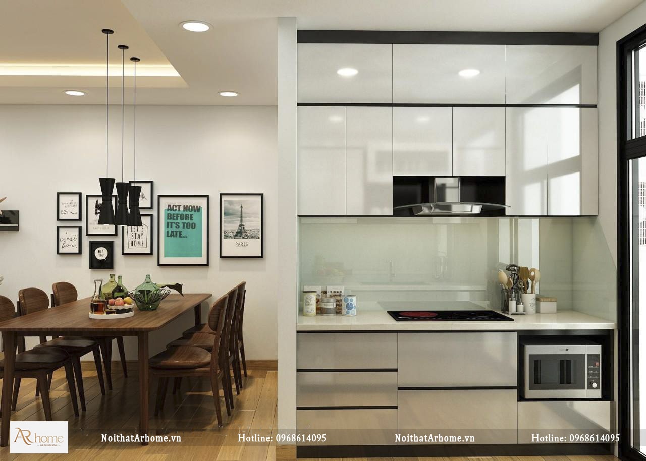 Thiết kế tủ bếp inox cánh phủ Acrylic chữ I nhỏ gọn