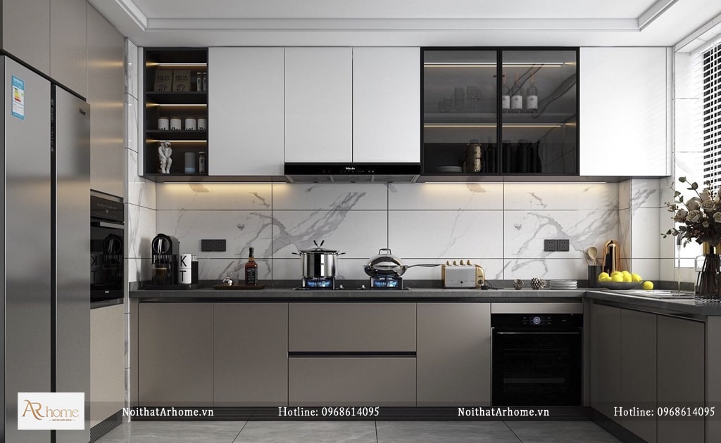 Tủ bếp inox cánh phủ Laminte sáng bóng