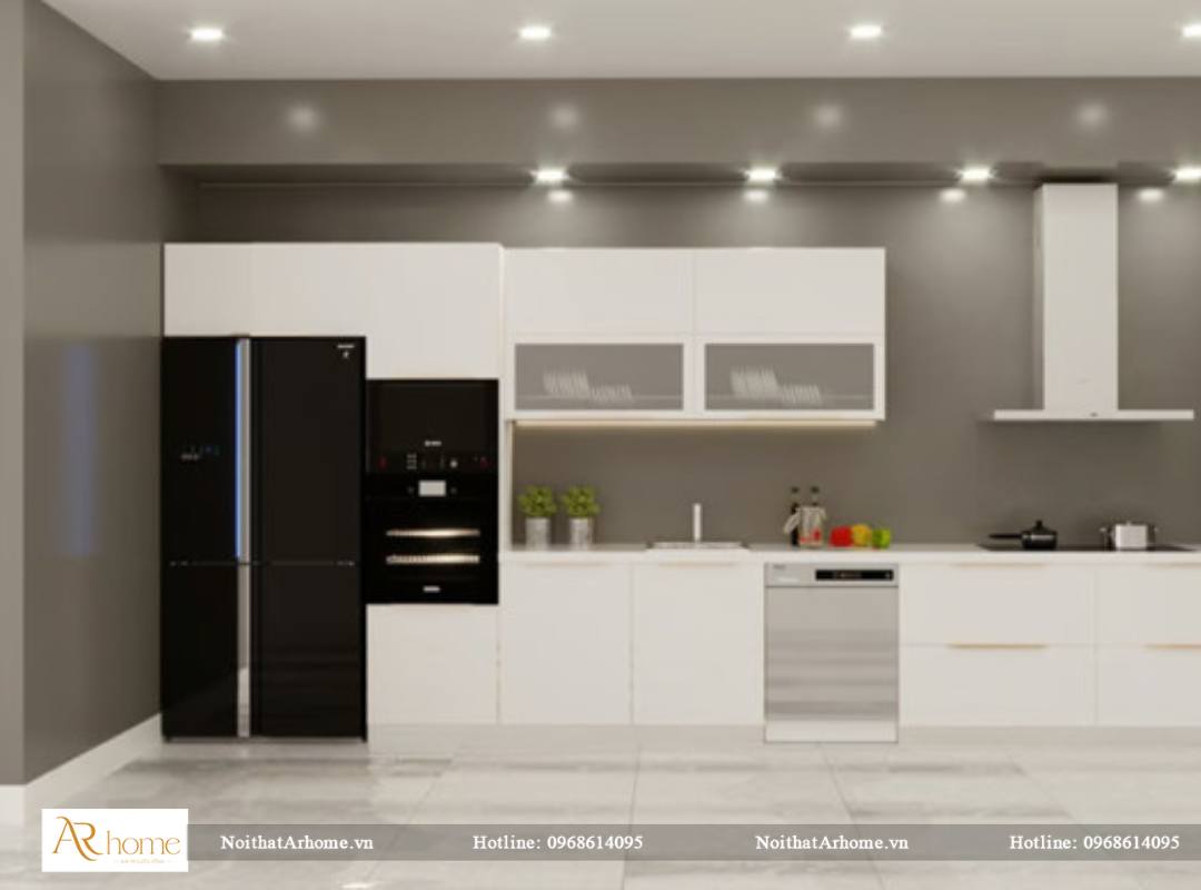 Tủ bếp inox cánh kính kết hợp máy rửa bát