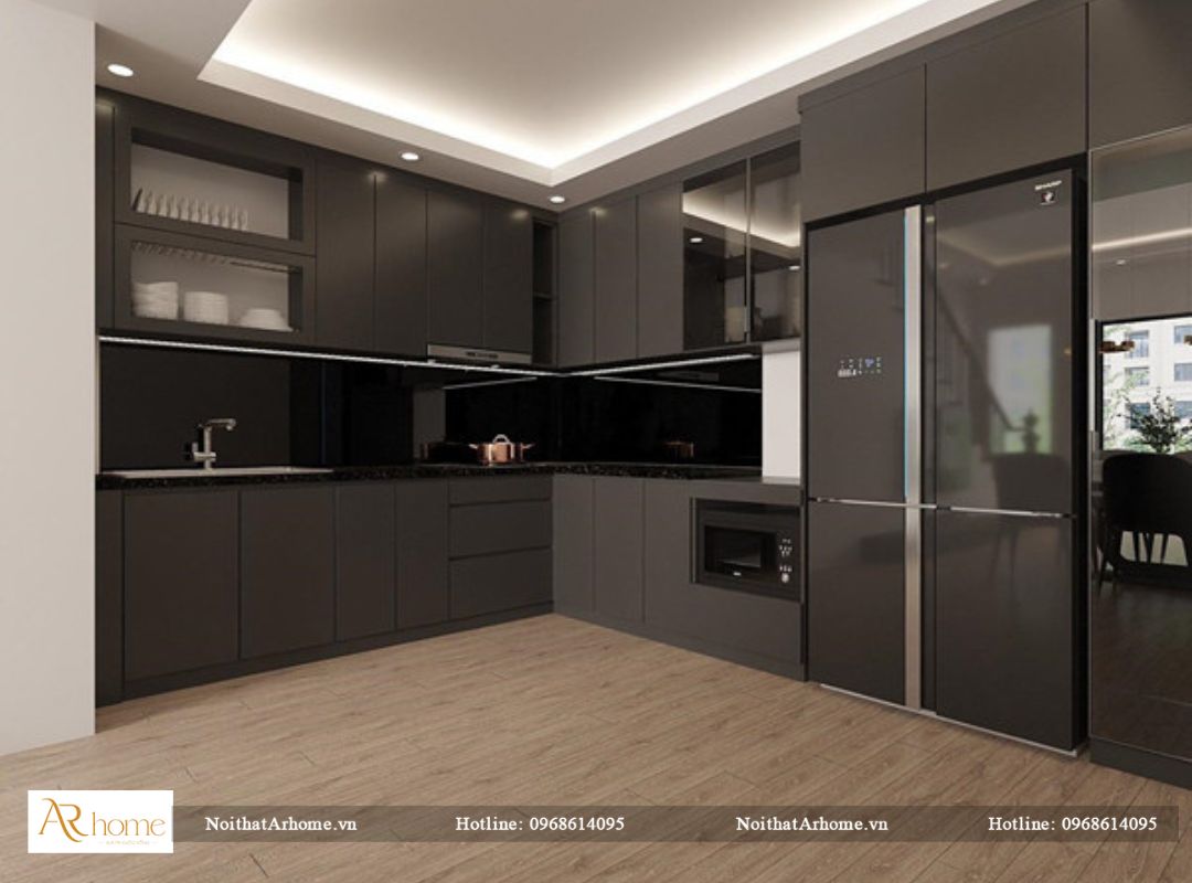 Tủ bếp inox cánh gỗ acrylic đen huyền bí