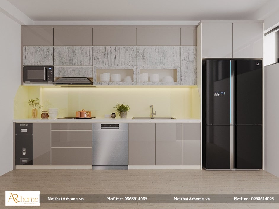 Mẫu tủ bếp Acrylic hình chữ I tinh tế cho người sử dụng