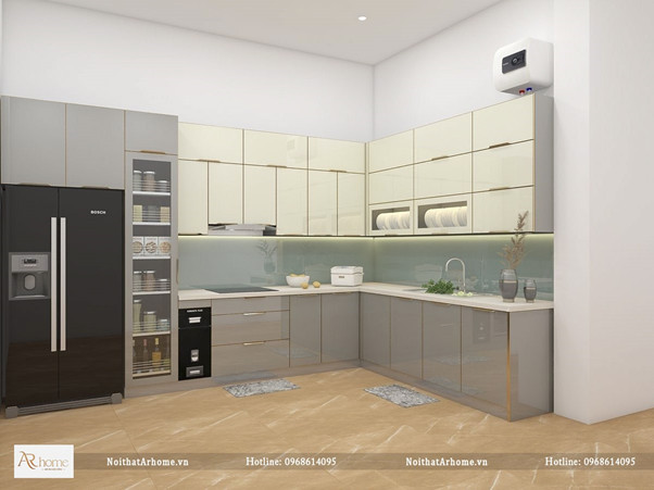 Tủ bếp inox cánh kính sang trọng lịch lãm