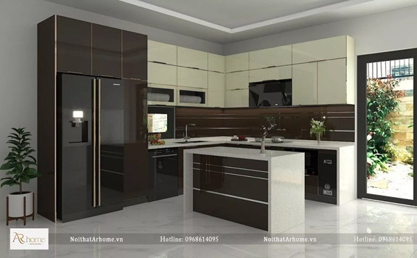 Tủ bếp inox cánh kính kết bàn đảo bếp