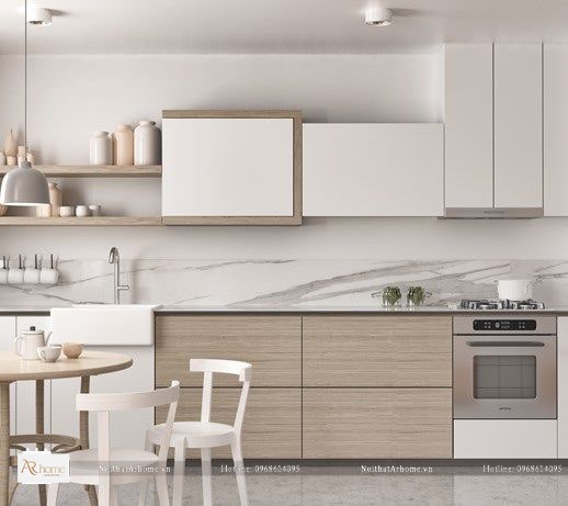 Tủ bếp hình chữ I kết hợp kệ trang trí