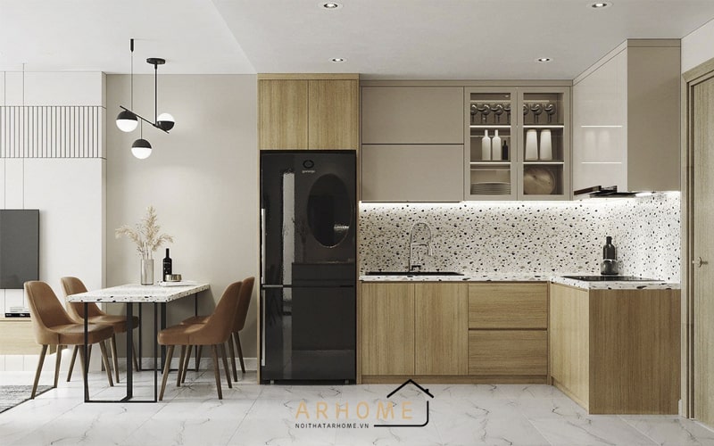 Tủ bếp chữ L cho nhà nhỏ bằng gỗ công nghiệp MDF