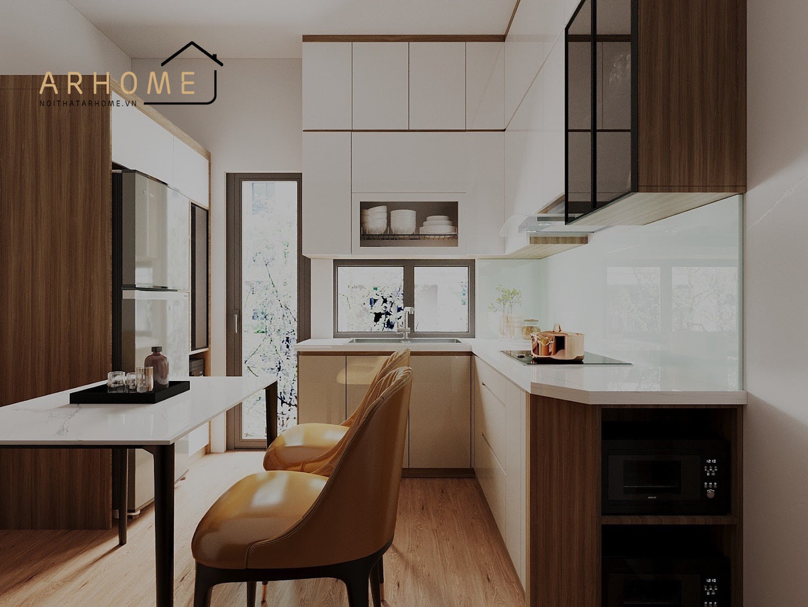 Mẫu tủ bếp kết hợp bàn ăn hình chữ U