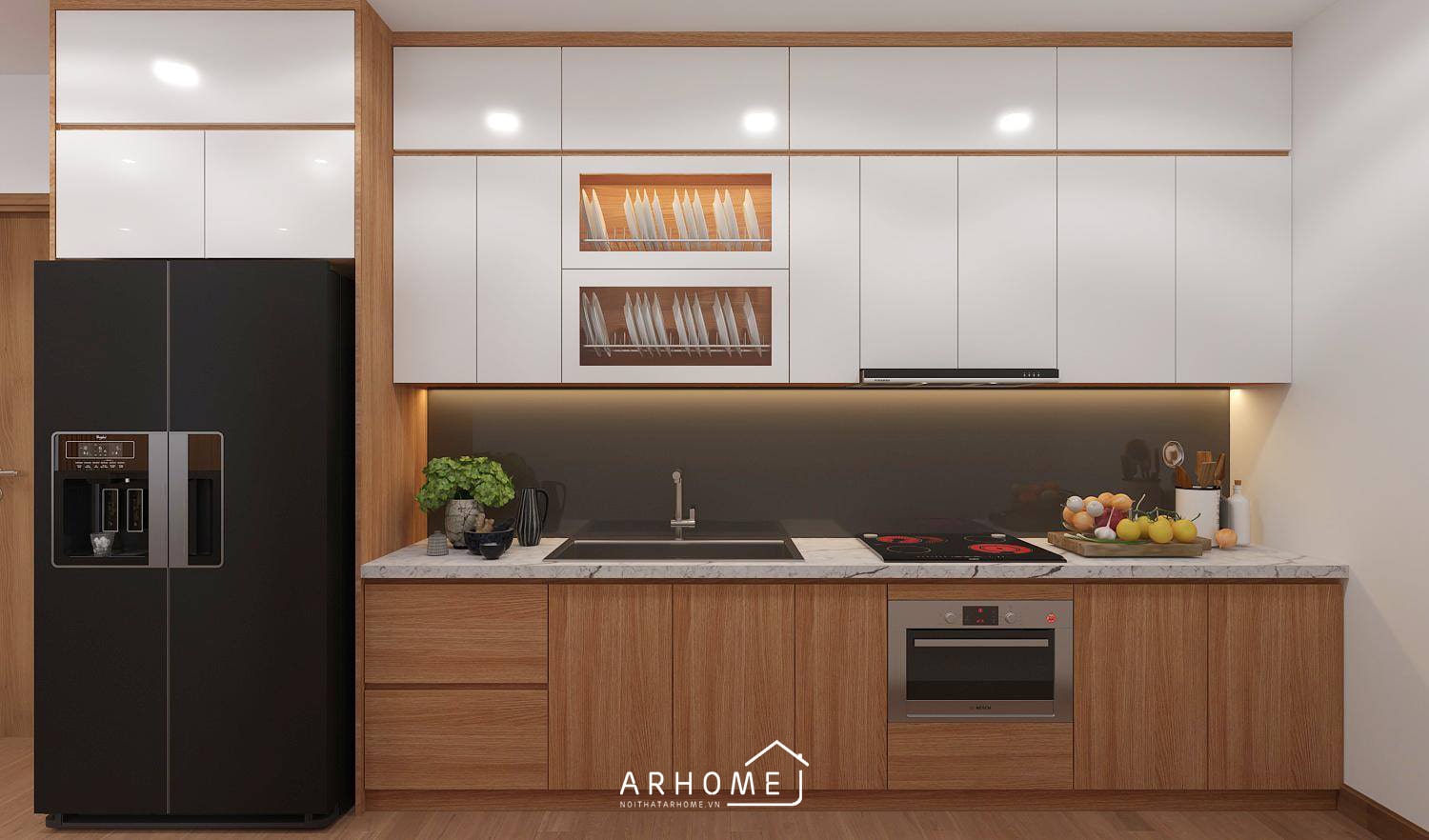 Kiểu thiết kế tủ bếp chữ I dài 3m cao kịch trần