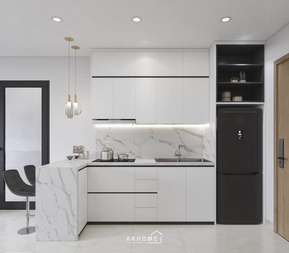 Mẫu tủ bếp chữ I thiết kế liền quầy bar
