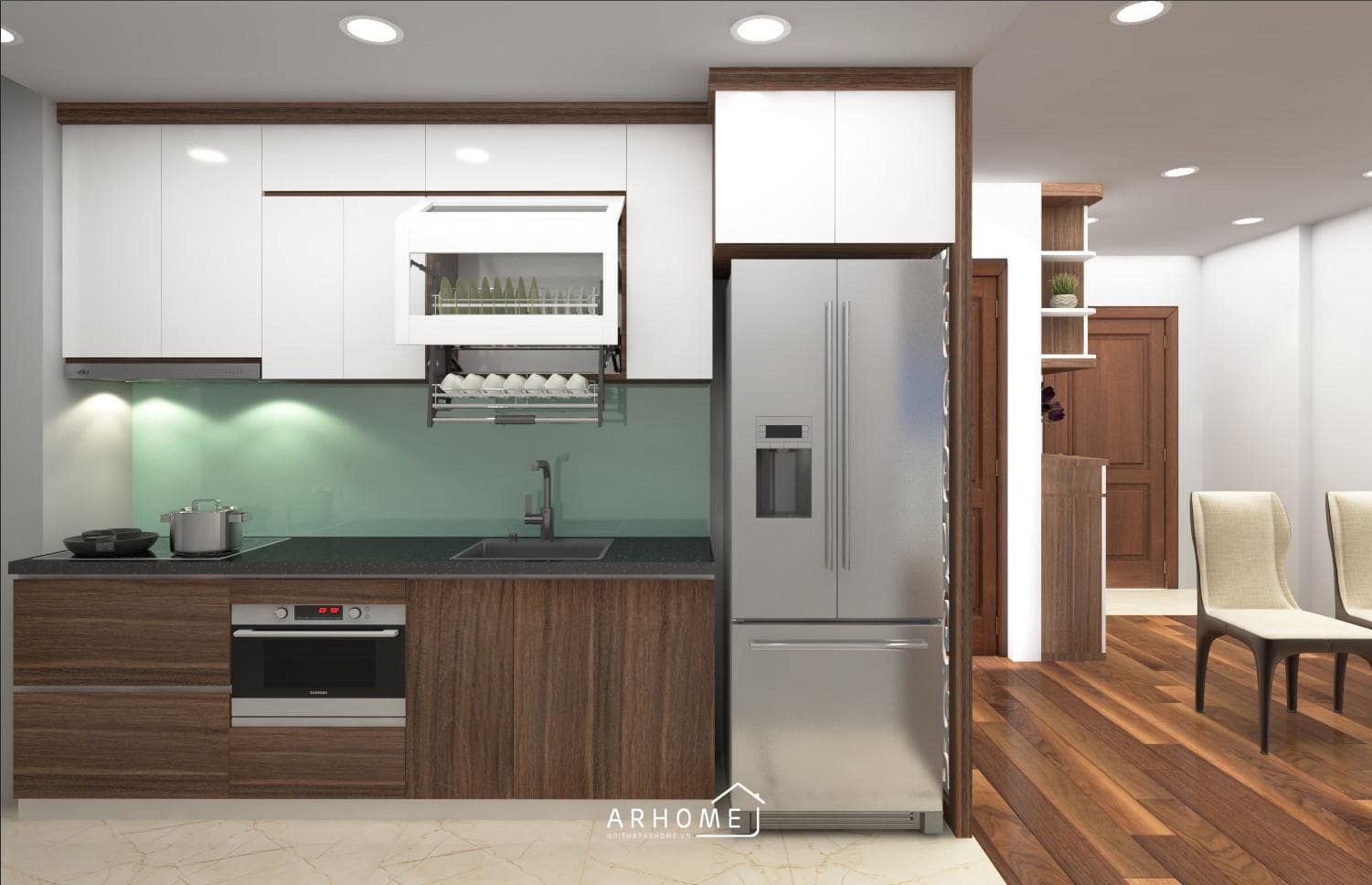 Tủ bếp chữ I gỗ công nghiệp MDF phủ Acrylic bóng gương
