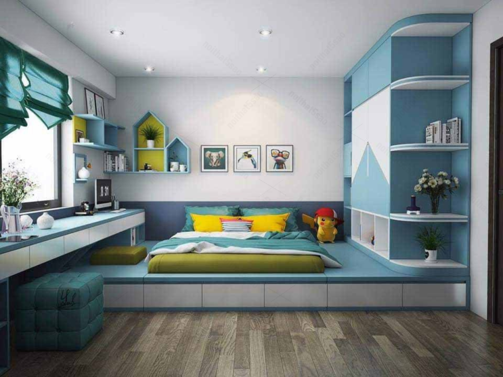 Giường ngủ trẻ em tích hợp với bàn học và tủ quần áo