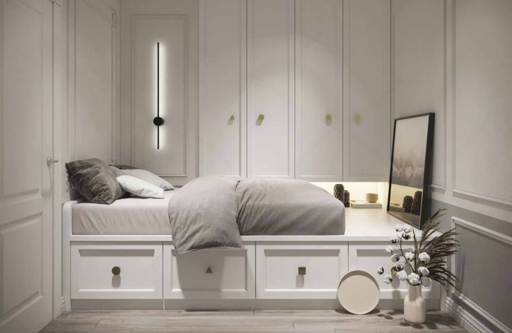 Mẫu giường ngủ màu trắng có ngăn kéo thông minh
