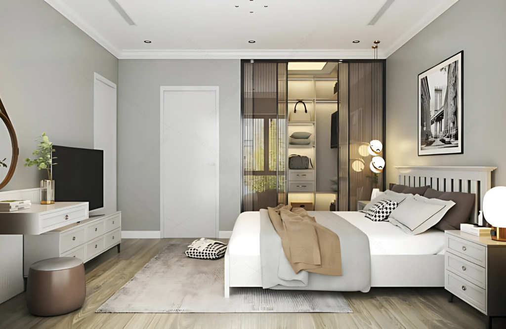 Giường ngủ phong cách đương đại có tone màu trắng sáng