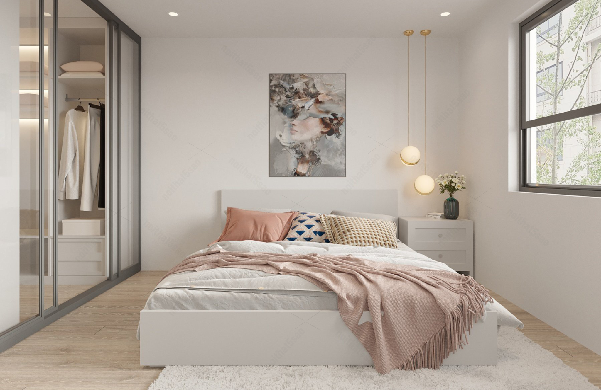 Giường ngủ phong cách tân cổ điển màu trắng tinh tế