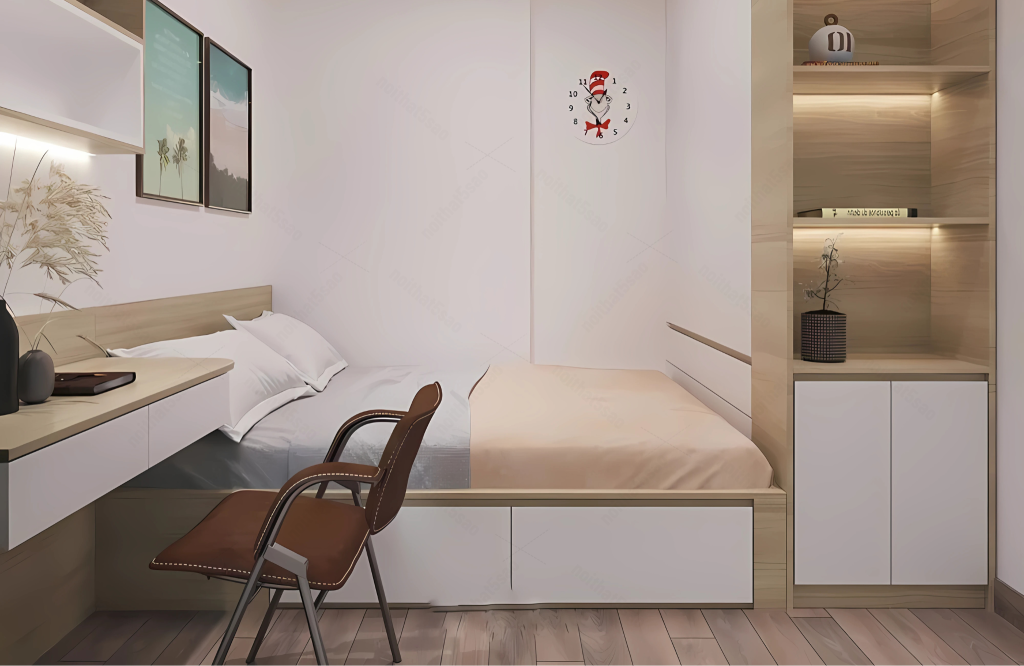 Thiết kế giường ngủ trắng hiện đại với giá sách tích hợp