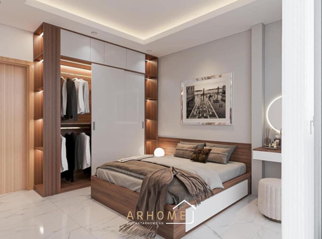 Giường ngủ MDF lõi xanh chống ẩm màu vân gỗ có ngăn kéo thông minh