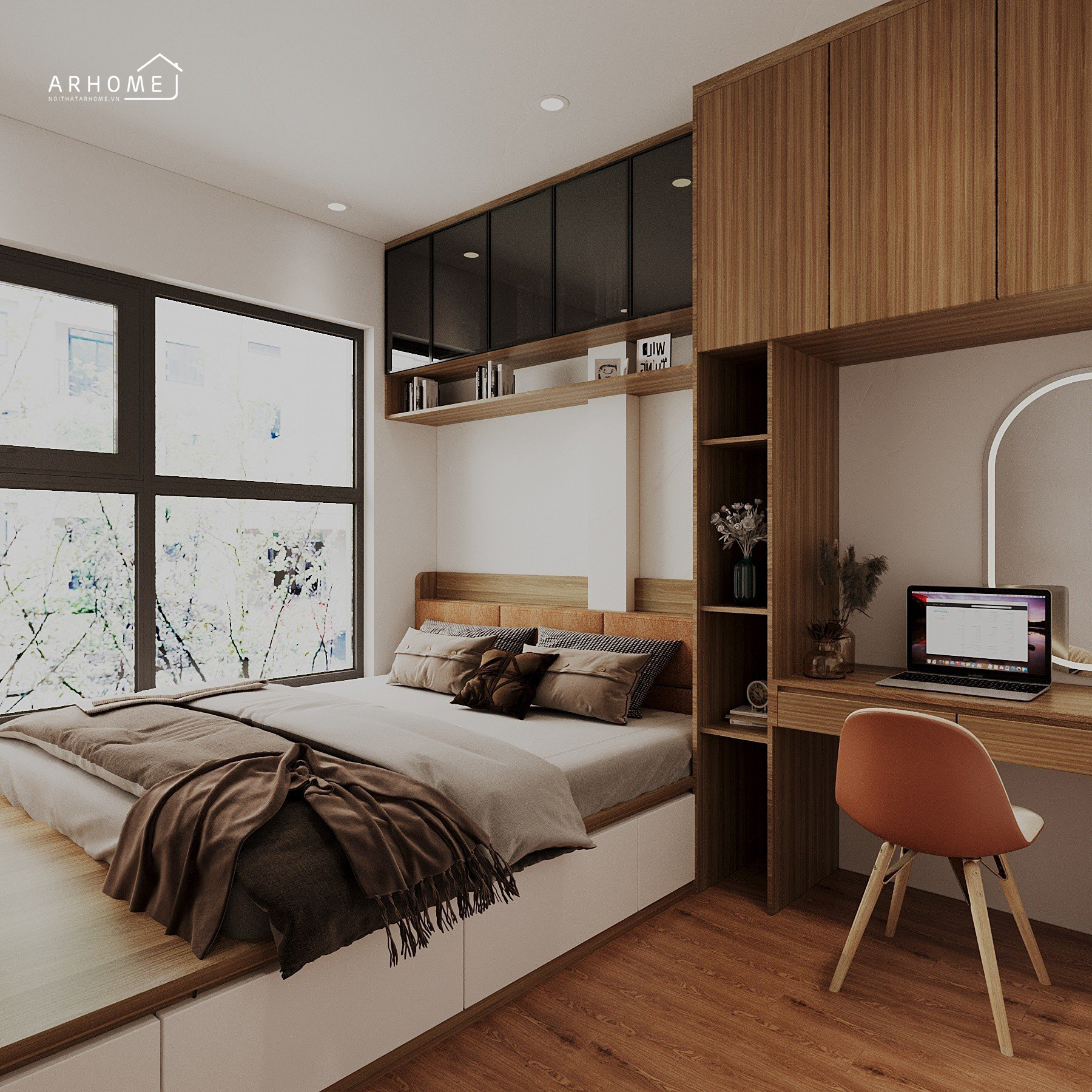 Thiết kế giường ngủ trắng hiện đại với giá sách tích hợp