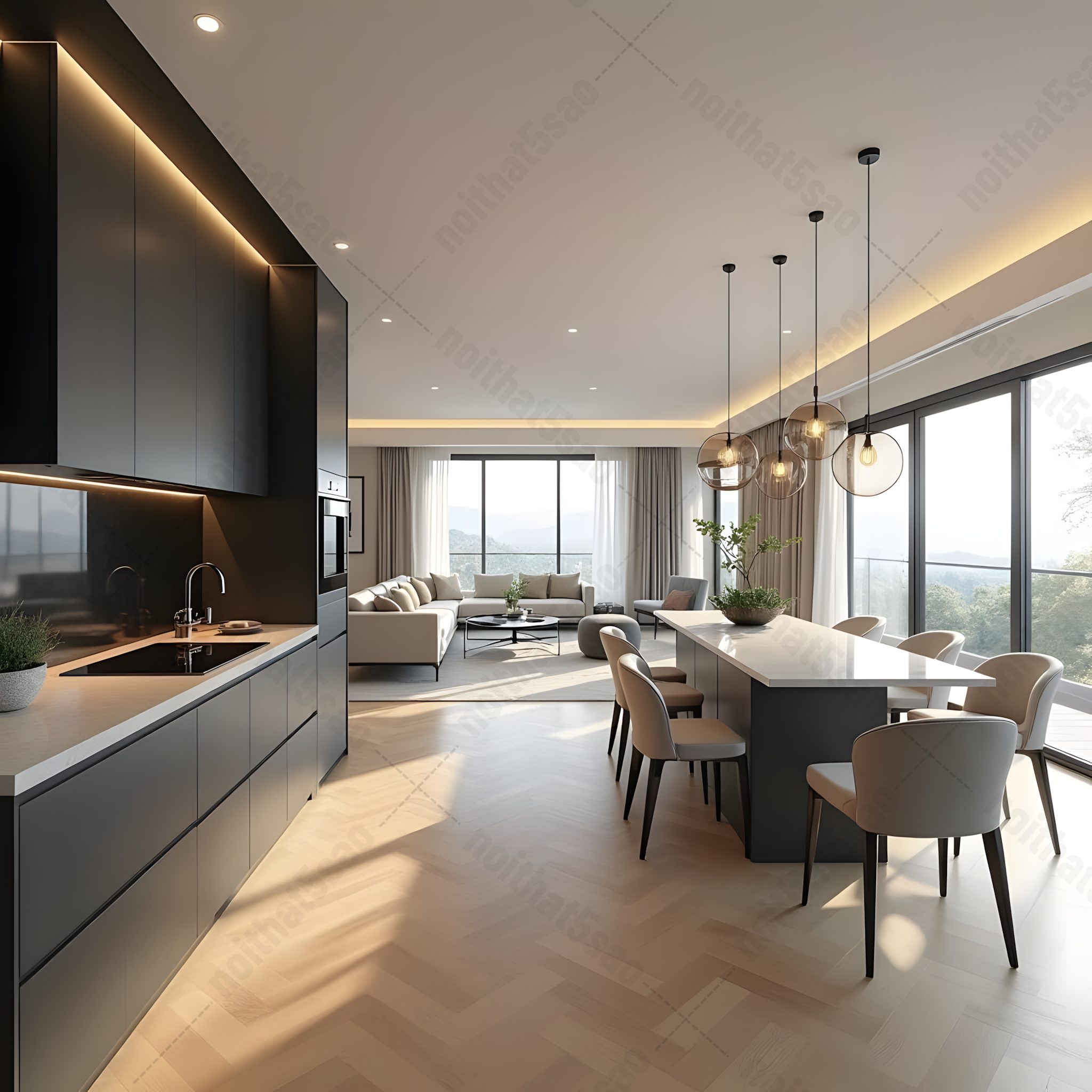 Thiết kế phòng khách liền bếp cho biệt thự