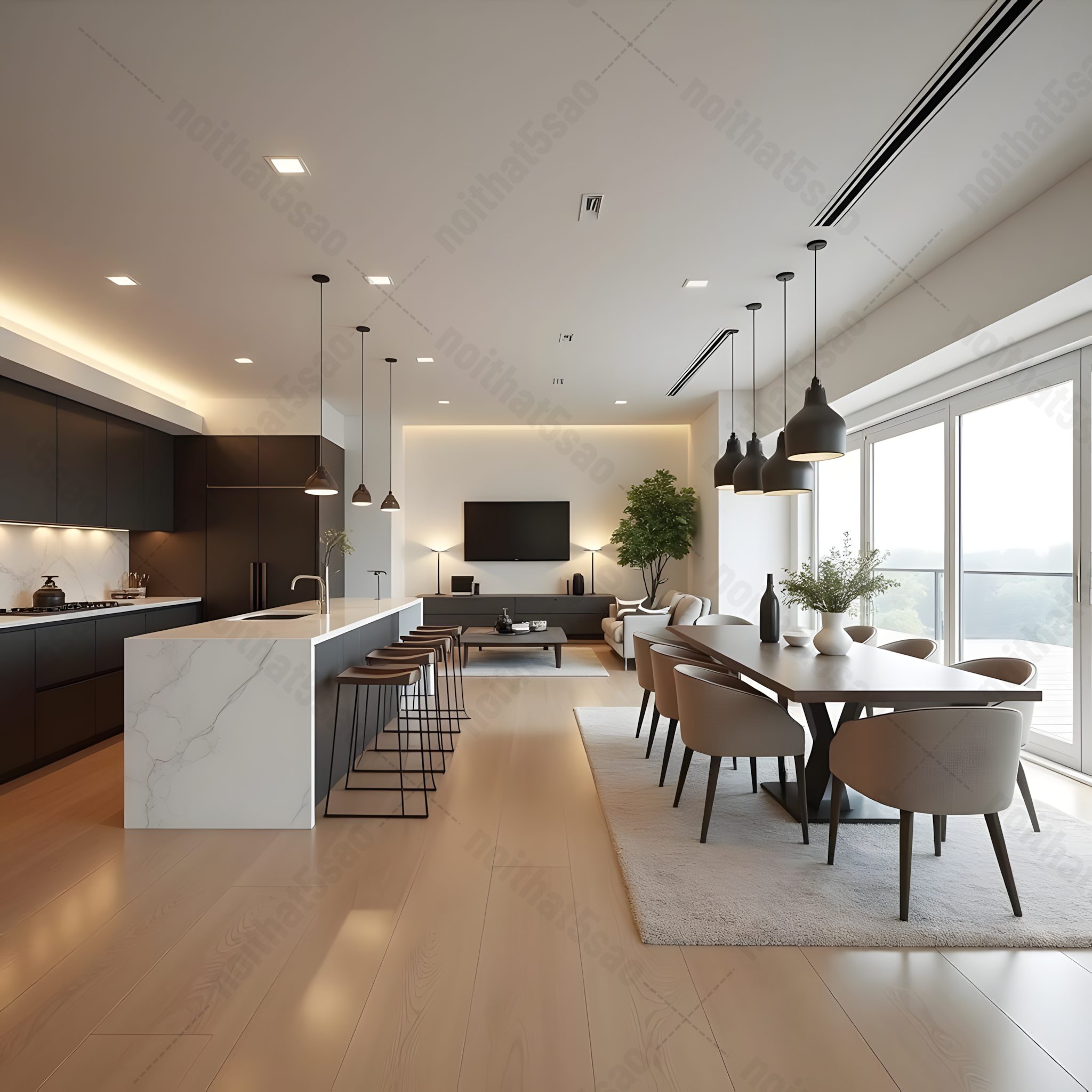 Thiết kế phòng khách liền bếp cho biệt thự