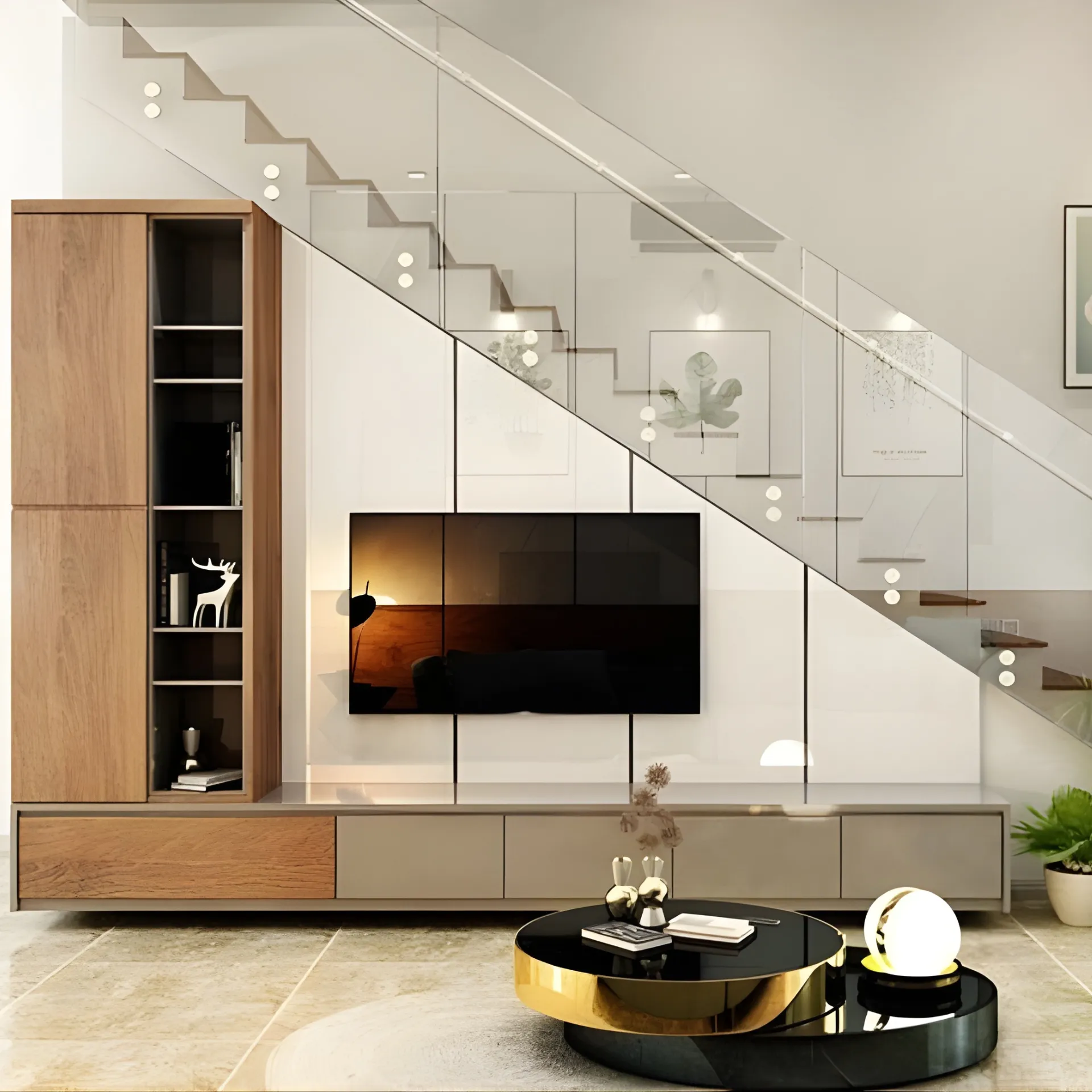 Trang trí kệ TV dưới gầm cầu thang