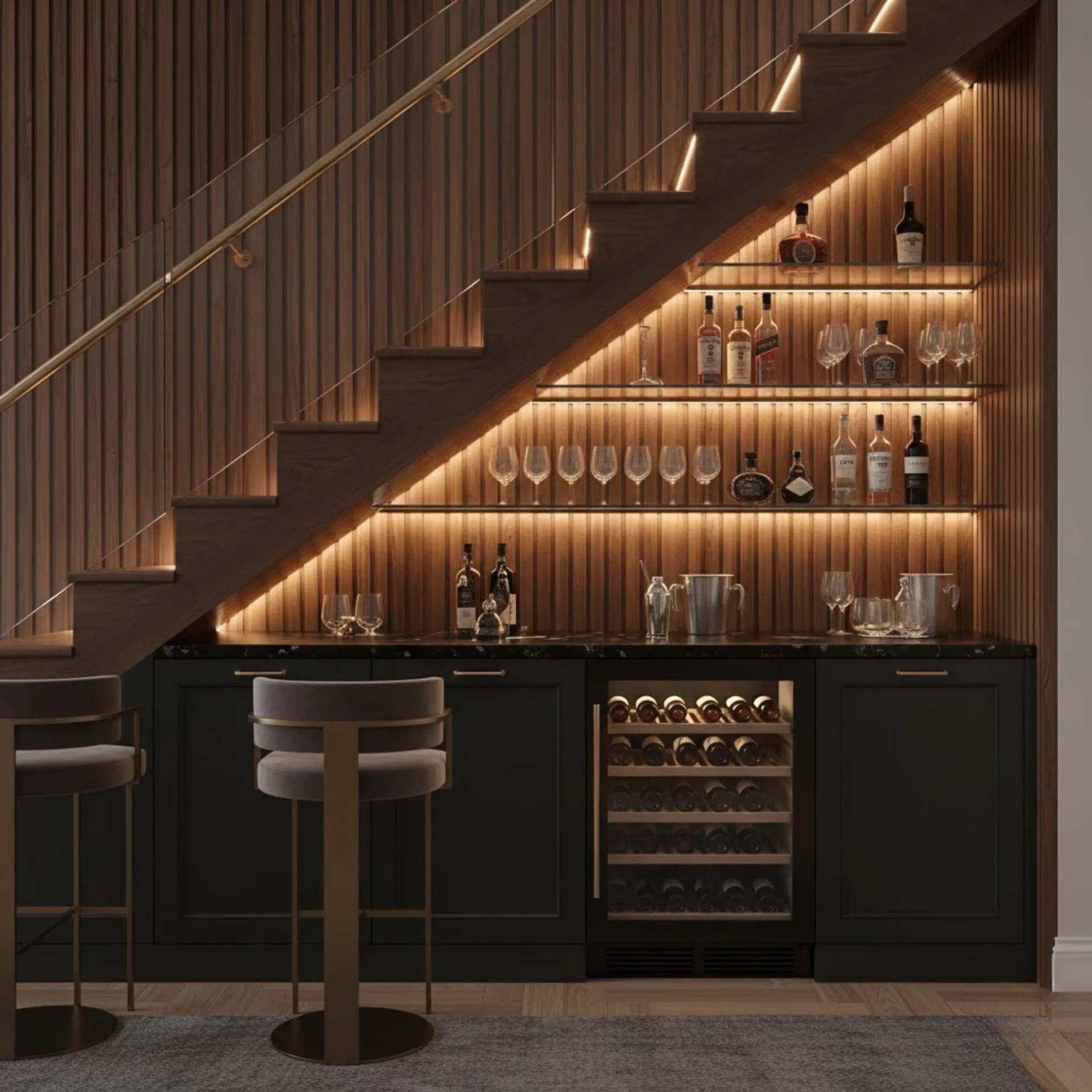 Biến gầm cầu thang thành kệ bar